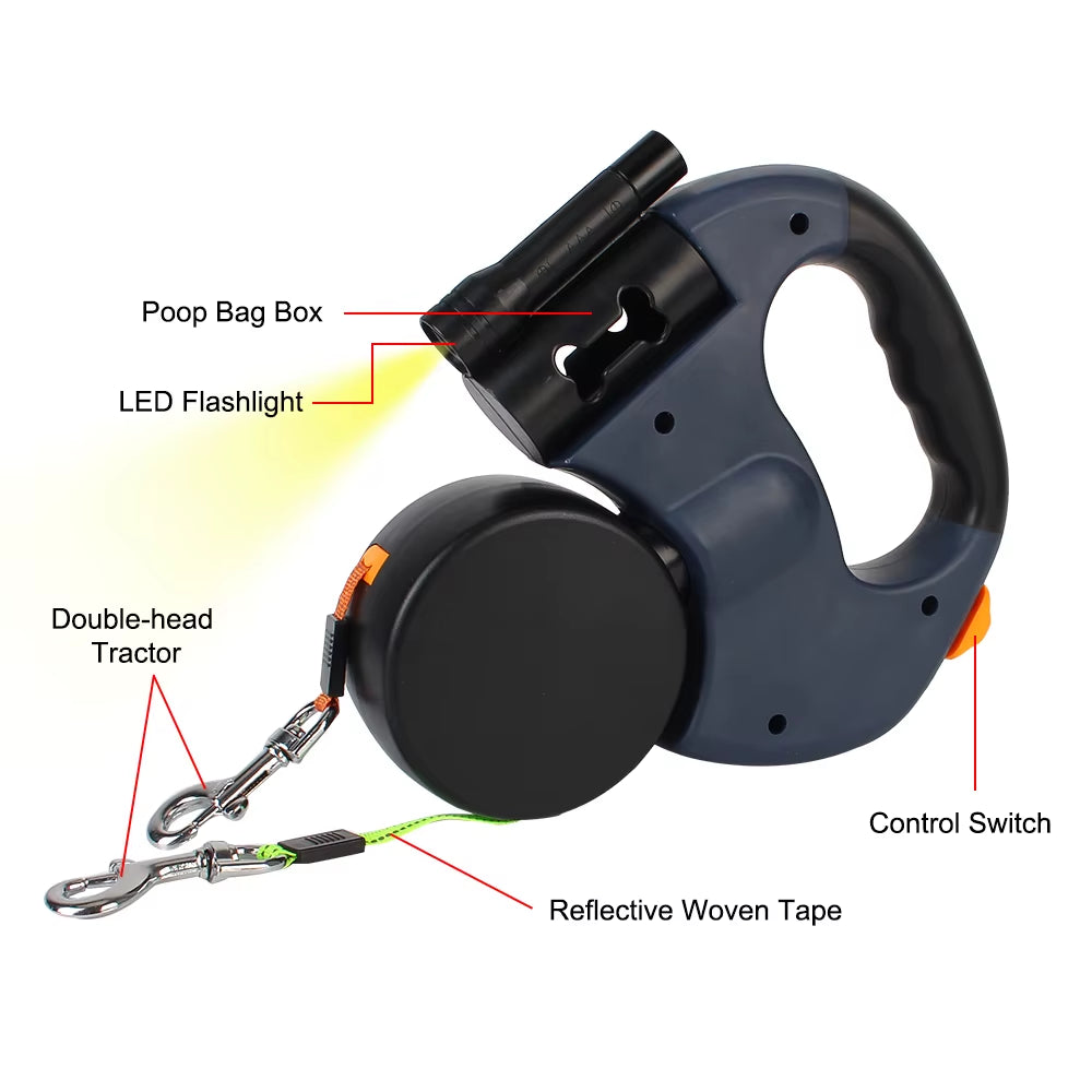 3M with Flashlight Waste Bag Box Dual Dog Leash Pet Supplies Auto Retractable Double-Ended Traction Rope Roulette